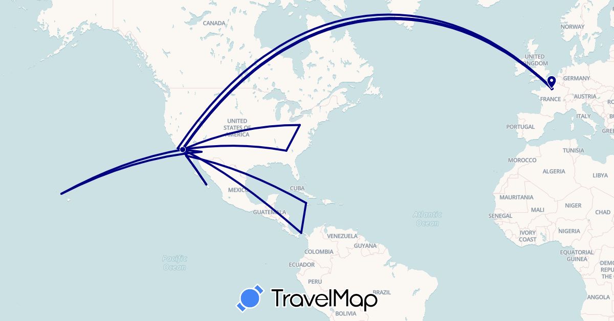 TravelMap itinerary: driving in France, Jamaica, Mexico, Panama, United States (Europe, North America)